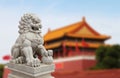 Chinese Imperial Lion Statue with Palace Forbidden city (Beijin Royalty Free Stock Photo