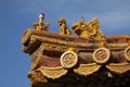 Chinese imperial roof decoration or roof charms, or roof figures with emperor and creatures in the Forbidden City in Beijing, Chin Royalty Free Stock Photo