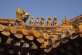 Chinese imperial roof decoration or roof charms, or roof figures with emperor and creatures in the Forbidden City in Beijing, Chin Royalty Free Stock Photo