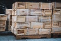 Chinese import, export goods in wooden boxes stacked on pallet Royalty Free Stock Photo