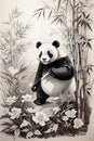 Chinese ink drawing of a giant panda walking in a garden of bamboo blossom photography