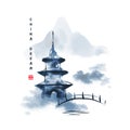 Chinese ink painted background with misty mountains, pagoda and bridge. China dream Royalty Free Stock Photo