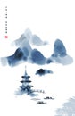 Chinese ink painted background with misty mountains, pagoda and bridge. China dream Royalty Free Stock Photo