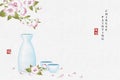 Chinese ink painting art background plant elegant flower and wine pot. Chinese translation : Plant and Blessing