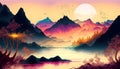 Abstract colorful Chinese inkwash painting and Majestic mountain range on digital art concept, Generative AI Royalty Free Stock Photo