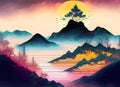 Abstract colorful Chinese inkwash painting and Majestic mountain range on digital art concept, Generative AI