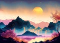 Abstract colorful Chinese inkwash painting and Majestic mountain range on digital art concept, Generative AI Royalty Free Stock Photo