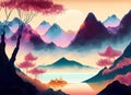 Abstract colorful Chinese inkwash painting and Majestic mountain range on digital art concept, Generative AI Royalty Free Stock Photo