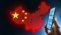Chinese intelligence monitors data streams through mobile devices depicting a glowing map of China and binary code