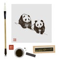 Chinese or japanese art set with brush, ink, stamp and panda traditional chinese painting isolated vector illustration