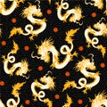 Chinese, Japanese Asian style golden dragon and red flowers seamless pattern, poster, card, background design Royalty Free Stock Photo