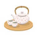 Chinese, Japanese teapot and teacups on wooden tray platter. Vector illustration on white background Royalty Free Stock Photo