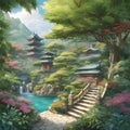 chinese japanese temple palace surrounded by beautiful garden style of oil watercolor paintings Royalty Free Stock Photo