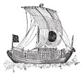 Chinese junk, an ancient sailing vessel, vintage engraving