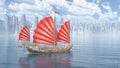 Chinese junk ship and city by the sea