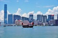 A Chinese junk ship in front of the Hong Kong skyline Royalty Free Stock Photo