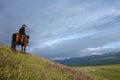 Chinese Kazakh herdsmen riding horse in grassland