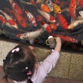 Chinese kid feeding koi fish with baby battle