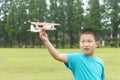 Chinese kid holding model plane ready for fly