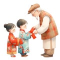 Chinese kids receiving red packets from grandfather clipart watercolor .AI Generate