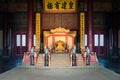 Chinese king`s throne in Hall of Central Harmony at Beijing Forbidden City in Beijing, China Royalty Free Stock Photo