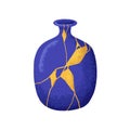 Chinese Kintsugi art. Ceramic vase in Asian oriental style. Eastern reborn repaired broken pottery, porcelain decorated