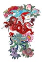 Koi carp with red dragon and peacock tattoo design.peach with peony and plum flower on cloud background.Traditional Japanese tatto