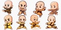 Chinese Kungfu Shaolin bald headed boy practicing martial arts moves vector graphics