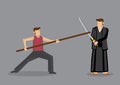 Chinese Kungfu Versus Japanese Kendo Martial Arts Sparring Vector Illustration