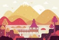 Chinese landscape with pagoda on lake and mountains background - vector cartoon illustration in flat stile Royalty Free Stock Photo