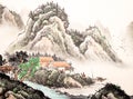 Chinese landscape watercolor painting Royalty Free Stock Photo