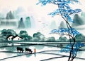 Chinese landscape watercolor painting Royalty Free Stock Photo