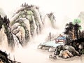 Chinese landscape watercolor painting Royalty Free Stock Photo