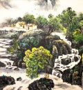 Chinese landscape watercolor painting Royalty Free Stock Photo