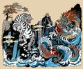 Chinese landscape with White Tiger and Azure Dragon at the Waterfall. Illustration