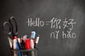 Chinese language learner writing Hello word Nihao in Chinese characters