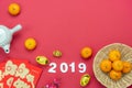 Chinese language mean rich or wealthy and happy.Table top view Lunar New Year & Chinese New Year concept background.Flat lay Royalty Free Stock Photo