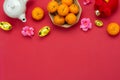 Chinese language mean rich or wealthy and happy.Table top view Lunar New Year & Chinese New Year concept background.Flat lay Royalty Free Stock Photo