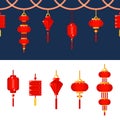 Chinese lantern icons set. Vector seamless border with red lamps. Traditional China holiday and festival decoration. Royalty Free Stock Photo