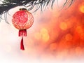 Chinese lantern on pine tree isolate over red bokeh for Chinese Royalty Free Stock Photo