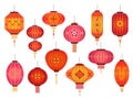 Chinese lanterns. Chinatown and japanese street holiday red lamp decoration. Asian traditional new year vector elements