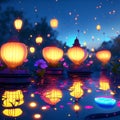 Chinese lanterns floating on the water in the night. 3d rendering AI generated