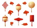 Chinese lanterns. Hanging lantern, red gold night lights. Holiday traditional asian symbols, japanese korean lamps and clouds