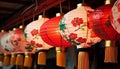 Chinese lanterns hanging in a row illuminate the vibrant night generated by AI