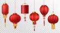 Chinese lanterns. Japanese asian new year red lamps festival 3d chinatown traditional realistic element vector set Royalty Free Stock Photo