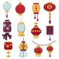 Chinese paper lanterns traditional China decorations for New Year vector isolated icons with patterns Royalty Free Stock Photo