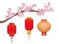 Chinese Lanterns On Sakura Realistic Composition