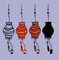 Chinese lanterns.a set of isolated hand-drawn element in the flat style of a Japanese red street lamp with a pattern of stripes of Royalty Free Stock Photo