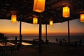 Chinese lanterns on terrace by the sea