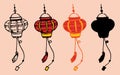 Chinese lanterns are yellow and red. round shaped lanterns in a flat style. a set of isolated elements of a Japanese street lamp Royalty Free Stock Photo